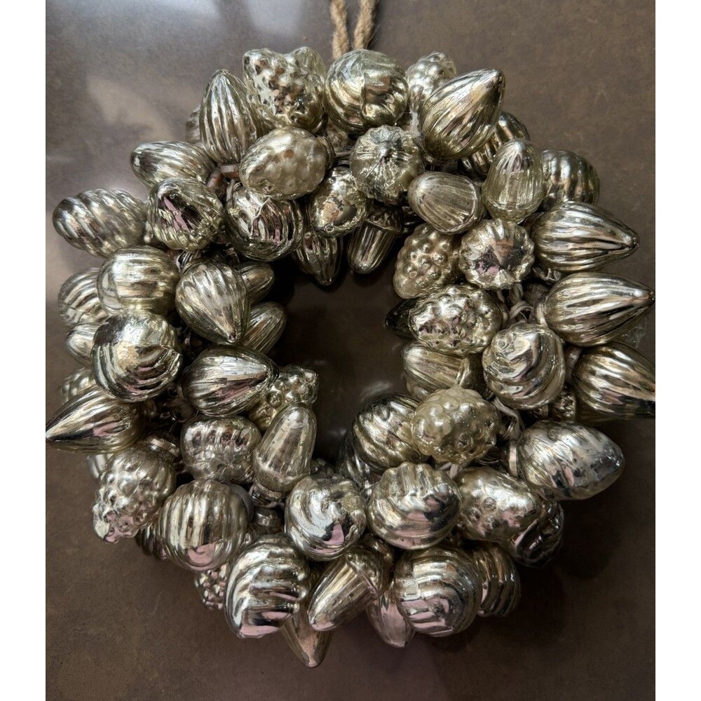 Vtg Style Silver Mercury Glass Rustic Kugel Christmas Cluster Wreath Ornament